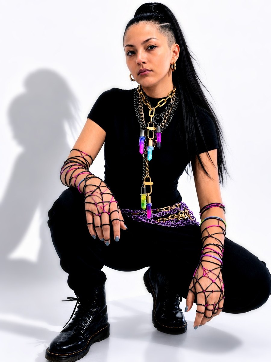 Model in black with neon aura quartz pendants and hand-knotted cord gloves, crouched against a white studio wall