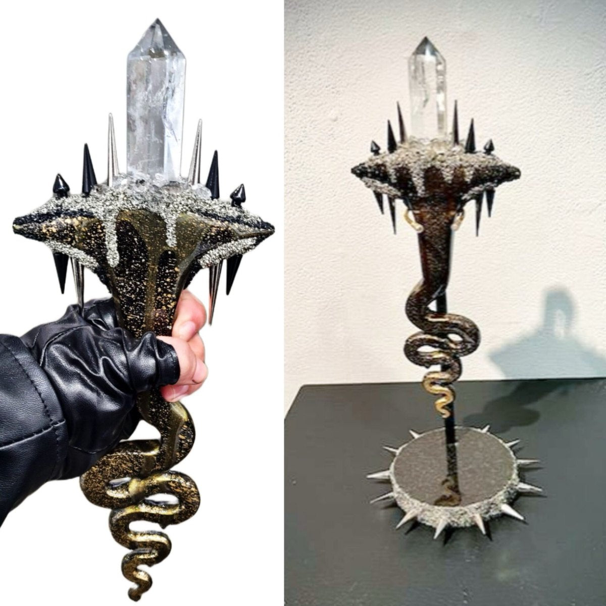 Cleopatra Dagger — clear quartz point, spikes and cast serpent, shown at Copro Gallery