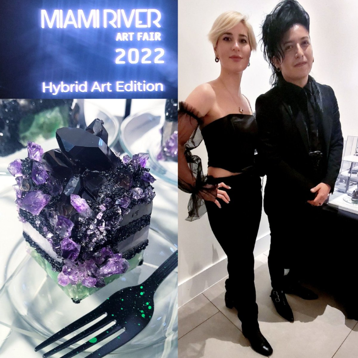 Amethyst gem cake sculpture and the artists at the Miami River Art Fair, Hybrid Art Edition, 2022