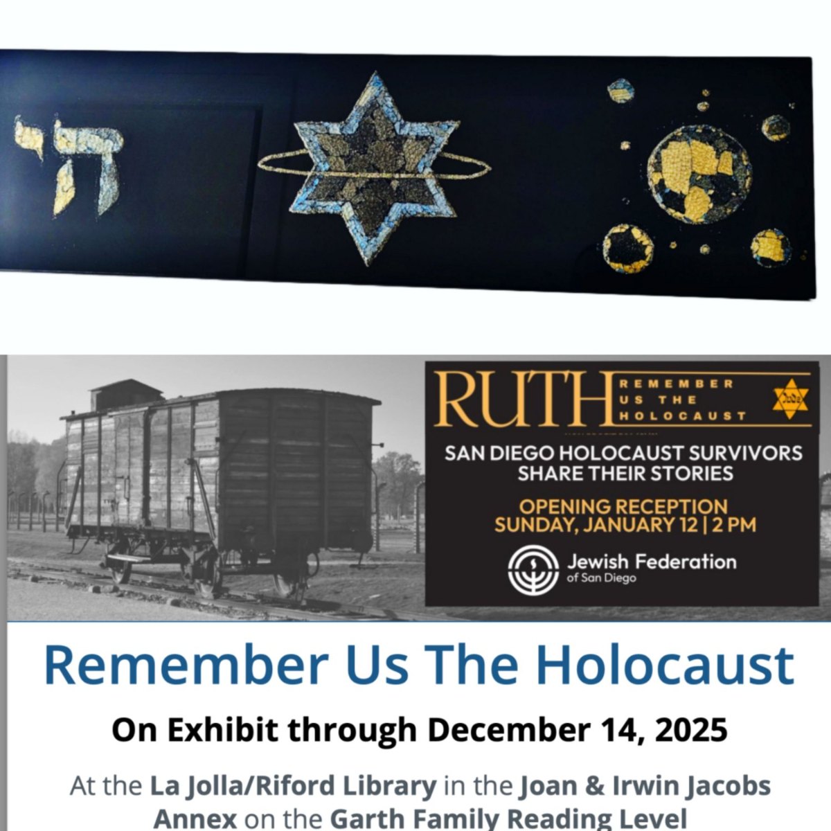 Gemstone panel work shown in RUTH at the La Jolla Riford Library