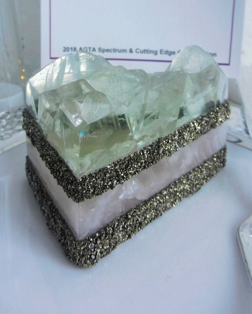 GemCake Sculpture in green fluorite, rose quartz and pyrite, 2018 AGTA Spectrum & Cutting Edge