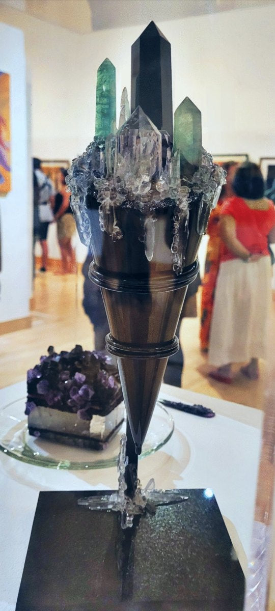 Gemstone cone sculpture and amethyst gem cake shown in Xicana! at the California Center for the Arts, Escondido